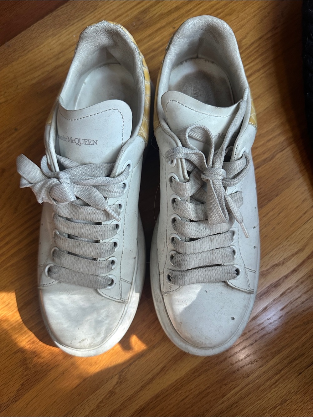 Alexander McQueen White Leather Sneakers with Yellow Heel Tab